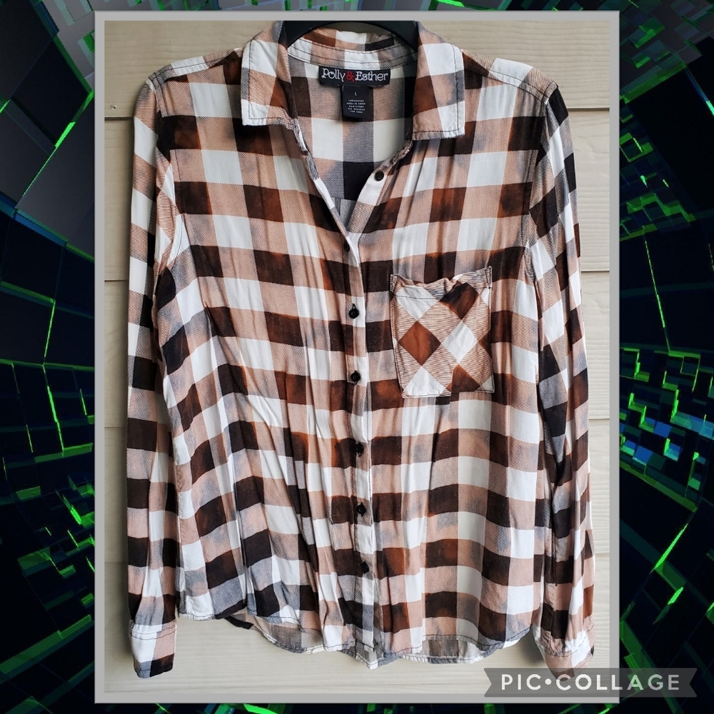 Poly&Esther OOAK Custom Bleach Dye Check Pattern Button-down Light Flannel Shirt
